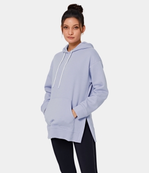 Halara Dropped Shoulder Kangaroo Pocket Split Hem Pullover Hoodie Women's Tops Light Purple | FSKLUCI-02