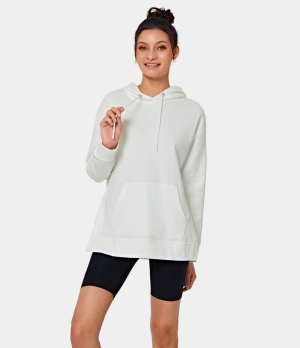 Halara Dropped Shoulder Kangaroo Pocket Split Hem Pullover Hoodie Women's Tops White | ZGSRULQ-05