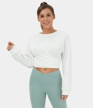 Halara Dropped Shoulder Lace Up Cropped Casual Sports Sweatshirt Women's Tops White | IXLJPTW-02