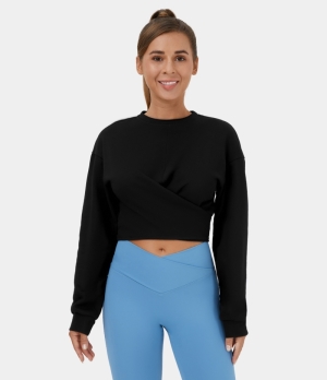 Halara Dropped Shoulder Lace Up Cropped Casual Sports Sweatshirt Women's Tops Black | RAYIKCF-84