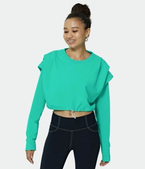 Halara Dropped Shoulder Layered Sleeve Drawstring Ruched Plain Sweatshirt Women's Tops Teal Green | SUEDTFJ-59