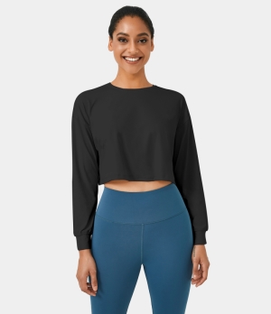 Halara Dropped Shoulder Long Sleeve Cropped Sports Women's Tops Black | KCMHYUX-31