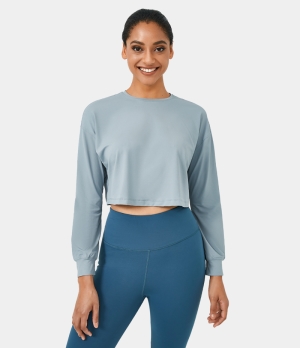 Halara Dropped Shoulder Long Sleeve Cropped Sports Women's Tops Baby Blue | WDSHJTM-62
