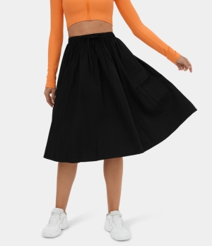Halara Elastic Waist Drawstring Side Pocket A Line Midi Casual Cargo Women's Skirts Black | 927356-WVJ