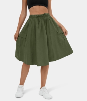 Halara Elastic Waist Drawstring Side Pocket A Line Midi Casual Cargo Women's Skirts Winter Moss | KJETPSZ-41