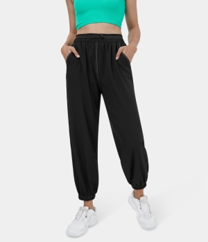Halara Elastic Waistband Drawstring Pocket Contrast Trim Casual Women's Jogger Black | 291376-LMG