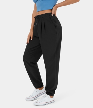 Halara Elastic Waistband Drawstring Ruched Side Pocket Casual Women's Jogger Black | 527413-SQP