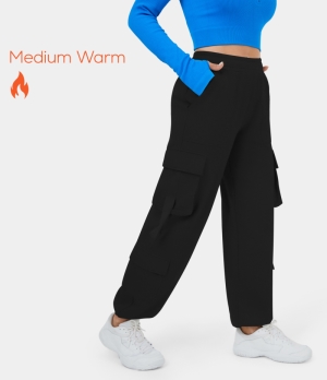 Halara Elastic Waistband Drawstring Side Flap Pocket Fleece Casual Cargo Women's Jogger Black | 736014-SDV