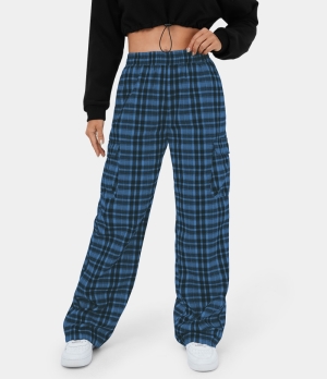 Halara Elastic Waistband Side Pocket Plaid Wide Leg Casual Cargo Women's Pants Dark Blue Plaid | 706291-BYA
