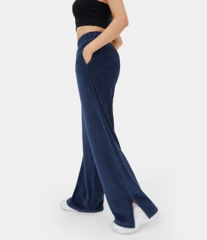 Halara Elastic Waistband Side Pocket Split Hem Wide Leg Casual Corduroy Women's Pants Dark Blue | 369485-LJY