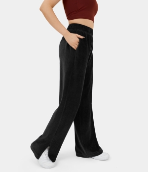 Halara Elastic Waistband Side Pocket Split Hem Wide Leg Casual Corduroy Women's Pants Black | 905387-CPL