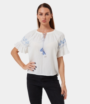 Halara Embroidery Half Sleeve Blouse Women's Tops White | TWEQUFA-29