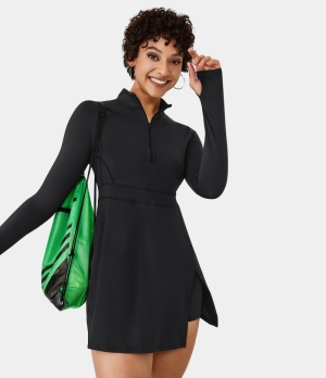 Halara Everyday 2-Piece Half Zip Thumb Hole Pocket Activity Women's Dress Black | 127054-RES