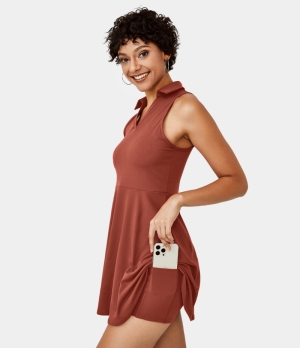 Halara Everyday 2-in-1 Collared Sleeveless Mini Flare Activity Women's Dress Blood Orange | 213945-ORY