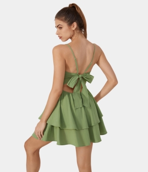 Halara Everyday Adjustable Straps Tie Back Tiered Ruffle Mini Women's Dress Forest Shade | 276189-UDV