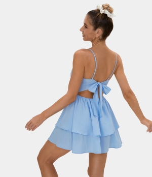 Halara Everyday Adjustable Straps Tie Back Tiered Ruffle Mini Women's Dress Ice Water | 643951-SRN