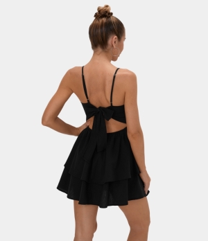 Halara Everyday Adjustable Straps Tie Back Tiered Ruffle Mini Women's Dress Black | 965871-MHV