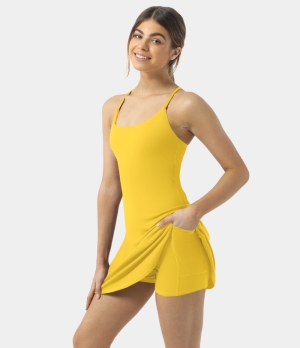 Halara Everyday Cloudful® 2-in-1 Flare Golf-Wannabe Women's Dress Lemon Zest | 019732-JFY