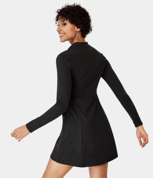 Halara Everyday Cloudful® Half Zip Long Sleeve Pocket Mini Golf Women's Dress Black | 319820-GWJ