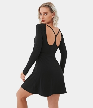 Halara Everyday Cloudful® Round Neck Cut Out 2-in-1 Plain Activity Women's Dress Black | 034896-HKE