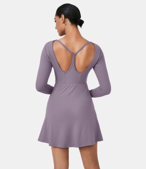 Halara Everyday Cloudful® Round Neck Cut Out 2-in-1 Plain Activity Women's Dress Gray Ridge | 820316-CWV