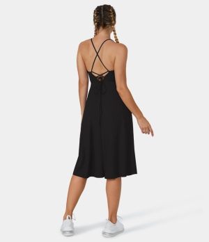 Halara Everyday Crisscross Backless Lace Up Flared Midi Women's Dress Black | 431902-OLZ