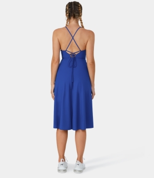 Halara Everyday Crisscross Backless Lace Up Flared Midi Women's Dress Mazarine Blue | 571840-UOB