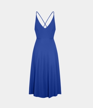 Halara Everyday Crisscross Backless Lace Up Flare Midi Women's Dress Mazarine Blue | 641793-LJH