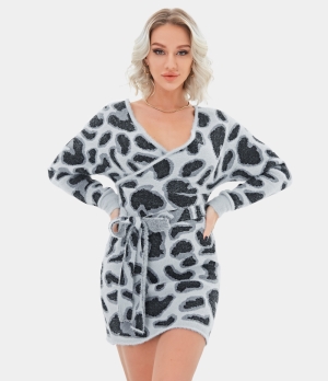 Halara Everyday Deep V Neck Lace Up Mini Knitted Women's Dress Panthera Uncia | 051327-DUN