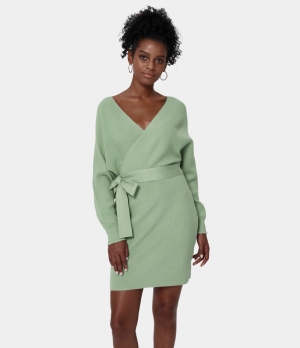 Halara Everyday Deep V Neck Lace Up Mini Knitted Women's Dress Seagrass | 385264-FIE