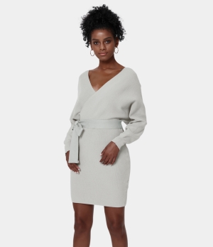 Halara Everyday Deep V Neck Lace Up Mini Knitted Women's Dress Grey | 735824-MNH