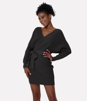 Halara Everyday Deep V Neck Lace Up Mini Knitted Women's Tops Black | NCFVEDM-40