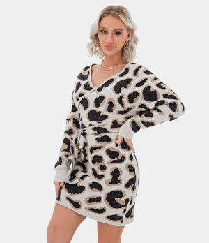 Halara Everyday Deep V Neck Lace Up Mini Knitted Women's Tops Leopard Print | UYCDNAZ-37