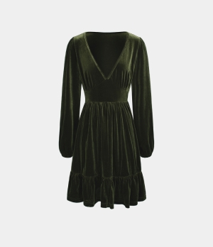Halara Everyday Deep V Neck Ruffled Hem Velvet Mini Chill Women's Dress Rifle Green | 071865-QDF