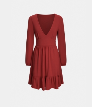 Halara Everyday Deep V Neck Ruffled Hem Mini Women's Dress Red Ochre | 103486-KNI