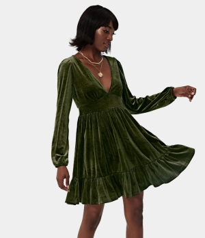 Halara Everyday Deep V Neck Ruffled Hem Velvet Mini Chill Women's Dress Rifle Green | 147695-HVY