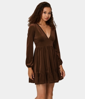 Halara Everyday Deep V Neck Ruffled Hem Velvet Mini Chill Women's Dress Chicory Coffee | 265091-BMQ
