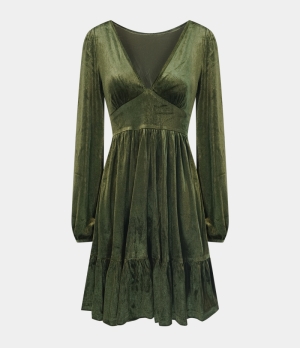 Halara Everyday Deep V Neck Ruffled Hem Velvet Mini Chill Women's Dress Rifle Green | 294586-ZEI