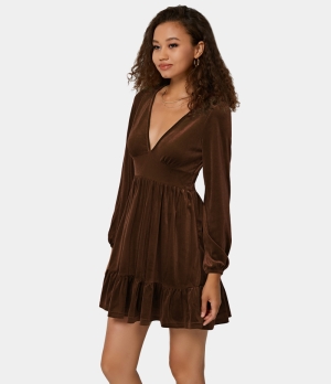 Halara Everyday Deep V Neck Ruffled Hem Velvet Mini Chill Women's Dress Chicory Coffee | 346105-OUW