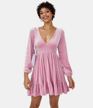 Halara Everyday Deep V Neck Ruffled Hem Velvet Mini Chill Women's Dress Lilac Sachet | 423865-TUO