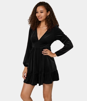 Halara Everyday Deep V Neck Ruffled Hem Velvet Mini Chill Women's Dress Black | 459018-LXJ