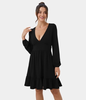 Halara Everyday Deep V Neck Ruffled Hem Mini Women's Dress Black | 473251-VAU