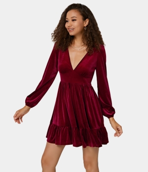 Halara Everyday Deep V Neck Ruffled Hem Velvet Mini Chill Women's Dress Deep Wine | 491687-SOW