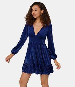 Halara Everyday Deep V Neck Ruffled Hem Velvet Mini Chill Women's Dress Deep Blue | 635718-FWJ