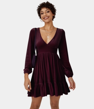 Halara Everyday Deep V Neck Ruffled Hem Velvet Mini Chill Women's Dress Raisin | 675418-SVU