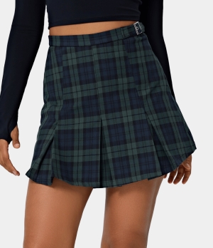 Halara Everyday High Waisted 2-in-1 Plaid Pleated Activity Women's Skirts Blue Green Plaid | 137642-FRZ