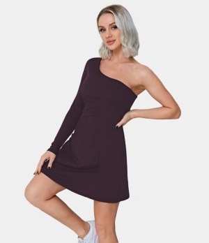 Halara Everyday One Shoulder Side Pocket 2-Piece Set Activity Women's Dress Dark Plum | 509468-LKV