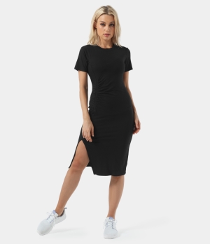 Halara Everyday Ruched Split Hem Midi Chill-Wonder Women's Dress Black | 234617-ADR