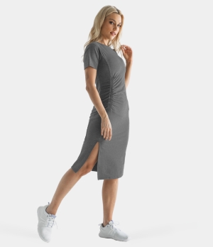 Halara Everyday Ruched Split Hem Midi Chill-Wonder Women's Dress Silver Mist | 452673-YFX