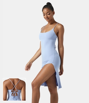 Halara Everyday Split Strap Bodycon Midi Chill-Sensational Women's Dress Sky Blue | 460537-LQX